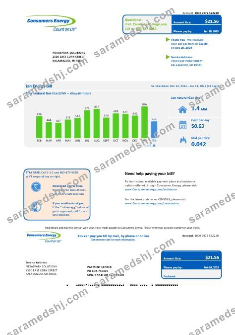 USA Michigan Consumers Energy business utility bill template in Word and PDF formats